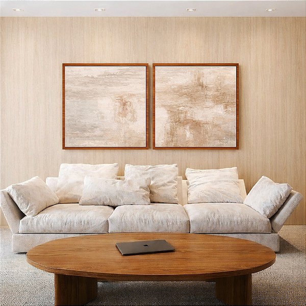 Duo de Quadros Quadrados Abstrato Textura Concreto Marfim Canvas Moldura
