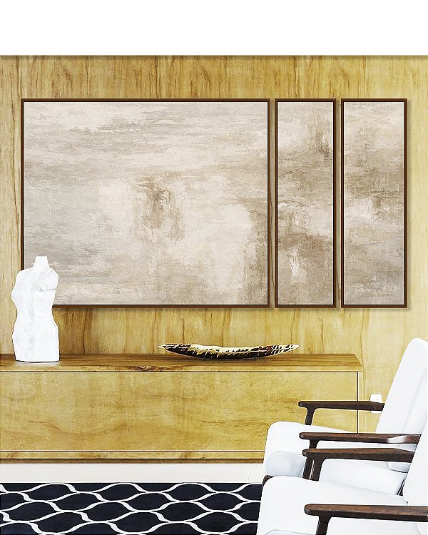 Trio de Quadros Estilizados Abstrato Textura Concreto Marfim Canvas Moldura