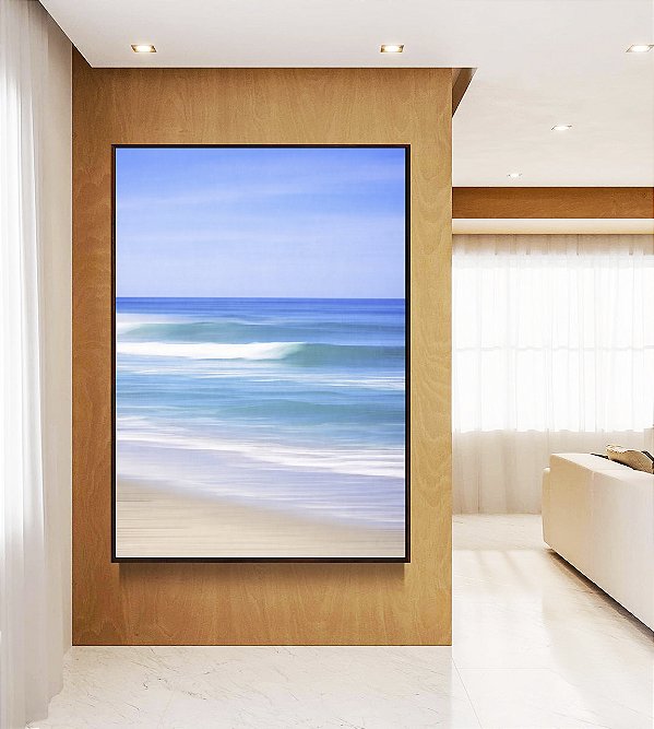 Quadro Vertical Mar Azul Céu Claro Movimento Natureza Canvas Moldura