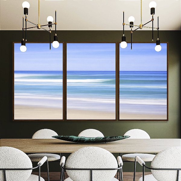 Trio de Quadros Mar Azul Céu Claro Movimento Natureza Canvas Moldura