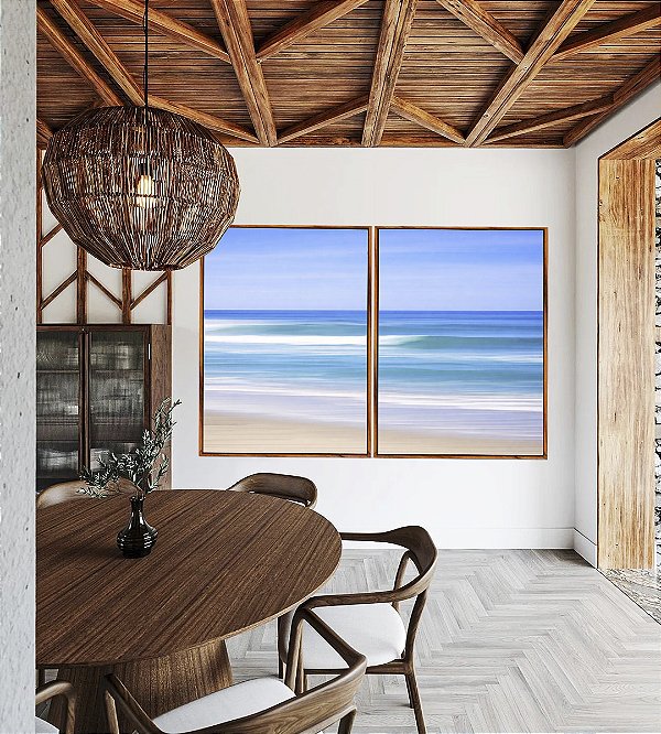 Duo de Quadros Mar Azul Céu Claro Movimento Natureza Canvas Moldura
