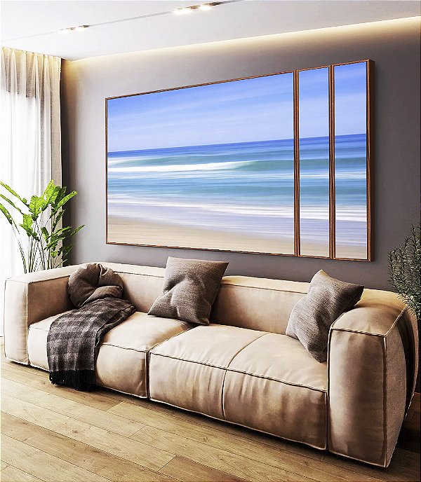 Trio de Quadros Estilizados Mar Azul Céu Claro Movimento Natureza Canvas Moldura