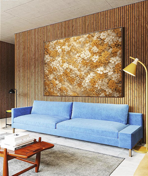 Quadro Horizontal Árvore Tons de Dourado Cerejeira em Flor Canvas Moldura