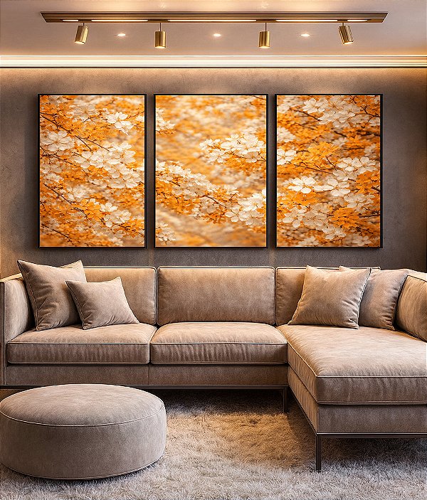 Trio de Quadros Árvore Tons de Dourado Cerejeira em Flor Canvas Moldura