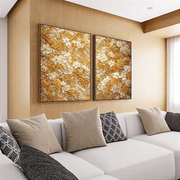 Duo de Quadros Árvore Tons de Dourado Cerejeira em Flor Canvas Moldura