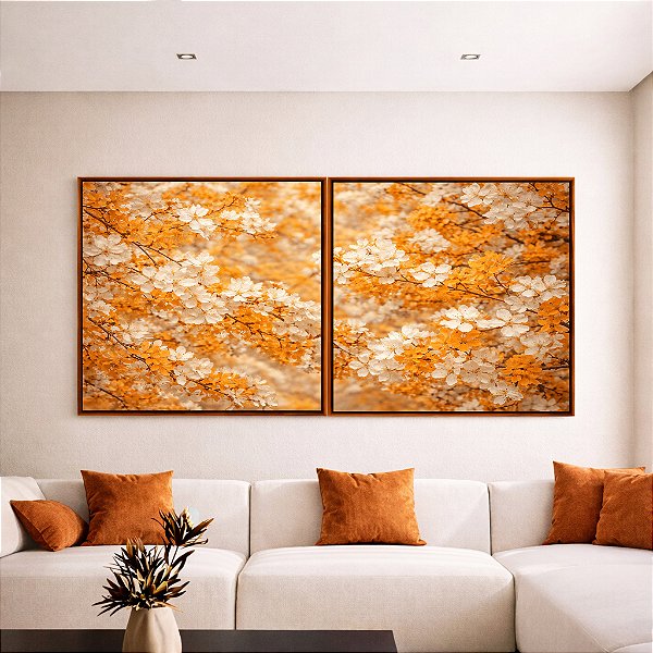 Duo de Quadros Quadrados Árvore Tons de Dourado Cerejeira em Flor Canvas Moldura
