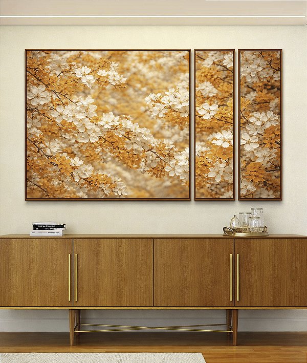 Trio de Quadros Estilizados Árvore Tons de Dourado Cerejeira em Flor Canvas Moldura