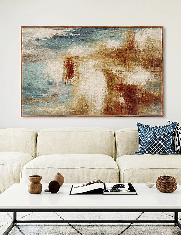 Quadro Horizontal Abstrato Azul Cobre Marfim Textura Canvas Moldura