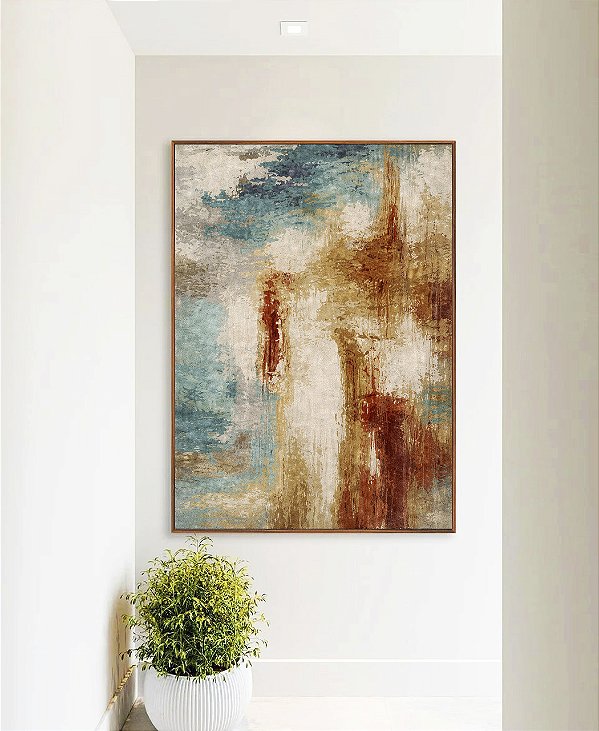 Quadro Vertical Abstrato Azul Cobre Marfim Textura Canvas Moldura