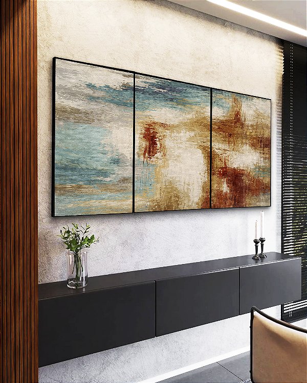 Trio de Quadros Abstrato Azul Cobre Marfim Textura Canvas Moldura