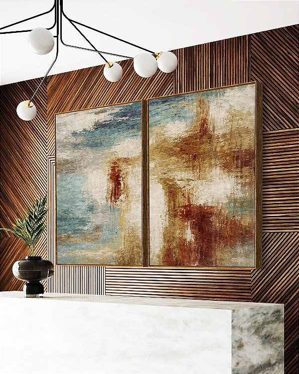Duo de Quadros Abstrato Azul Cobre Marfim Textura Canvas Moldura