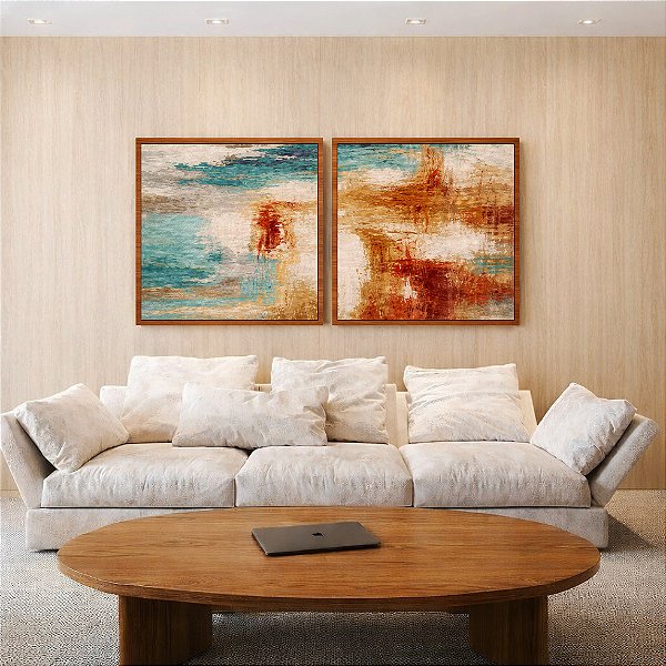 Duo de Quadros Quadrados Abstrato Azul Cobre Marfim Textura Canvas Moldura