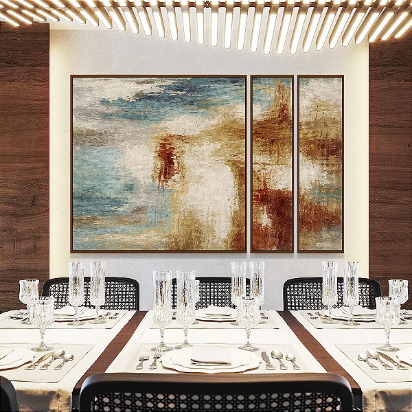 Trio de Quadros Estilizados Abstrato Azul Cobre Marfim Textura Canvas Moldura