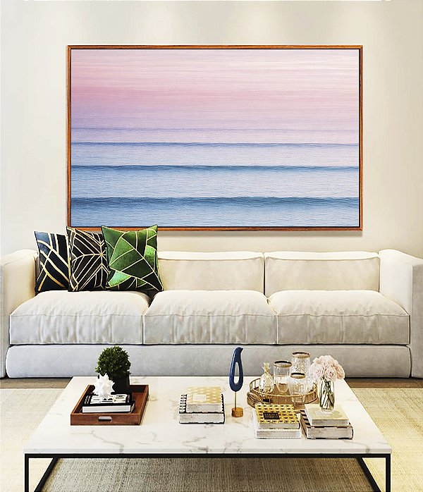 Quadro Horizontal Mar Azul Ondulado Céu Rosa Movimento Canvas Moldura