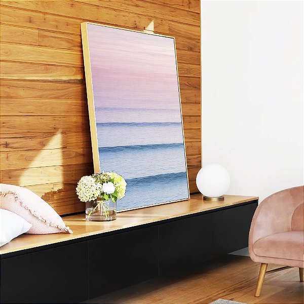 Quadro Vertical Mar Azul Ondulado Céu Rosa Movimento Canvas Moldura