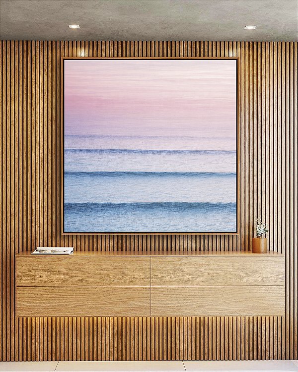 Quadro Quadrado Mar Azul Ondulado Céu Rosa Movimento Canvas Moldura