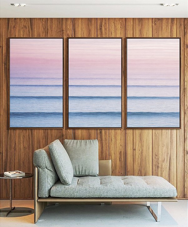 Trio de Quadros Mar Azul Ondulado Céu Rosa Movimento Canvas Moldura