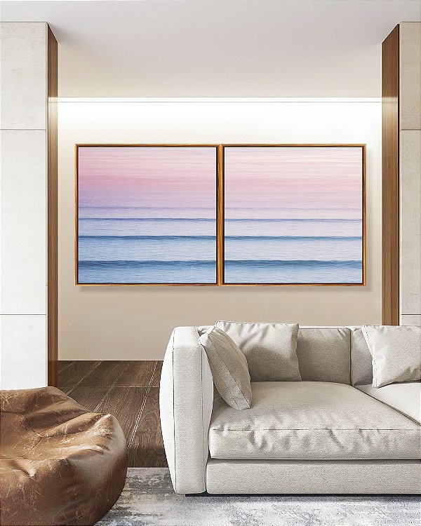 Duo de Quadros Quadrados Mar Azul Ondulado Céu Rosa Movimento Canvas Moldura