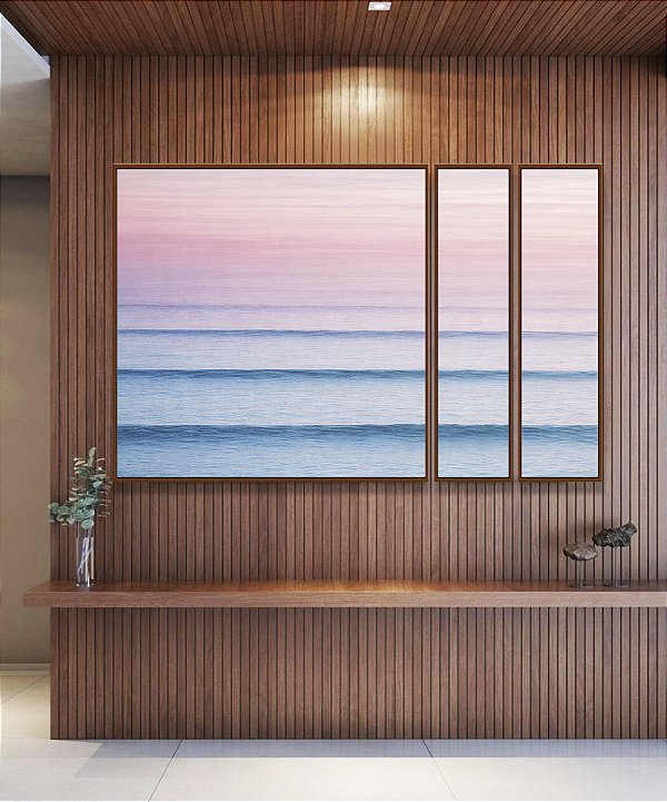 Trio de Quadros Estilizados Mar Azul Ondulado Céu Rosa Movimento Canvas Moldura