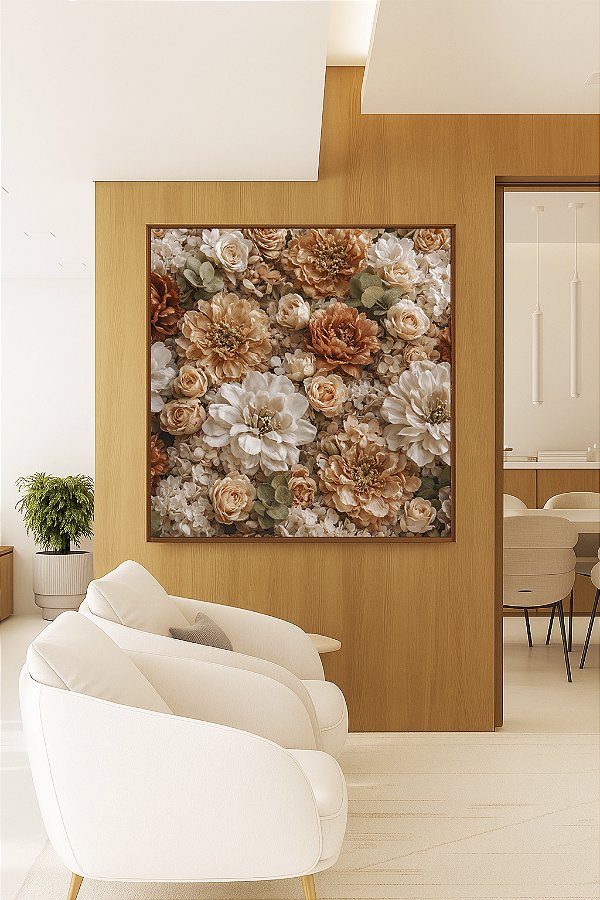 Quadro Quadrado Flores Peônias Rosas Dálias Canvas Moldura
