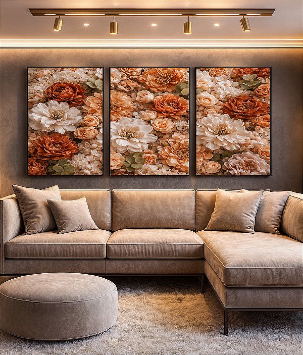 Trio de Quadros Flores Peônias Rosas Dálias Canvas Moldura