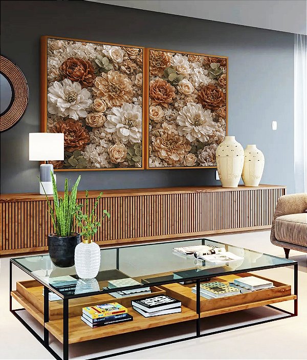 Duo de Quadros Flores Peônias Rosas Dálias Canvas Moldura