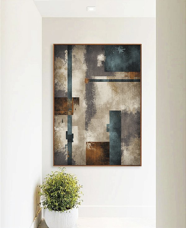 Quadro Vertical Abstrato Azul Bronze Cinza Concreto Canvas Moldura