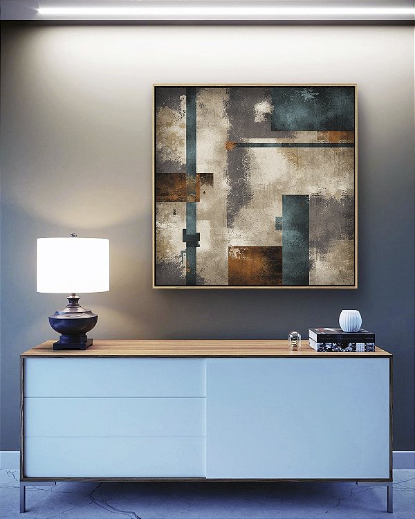 Quadro Quadrado Abstrato Azul Bronze Cinza Concreto Canvas Moldura