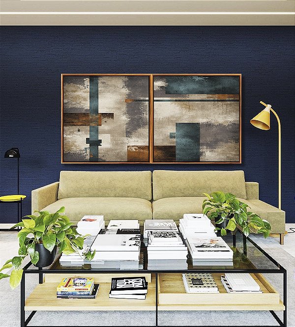 Duo de Quadros Quadrados Abstrato Azul Bronze Cinza Concreto Canvas Moldura