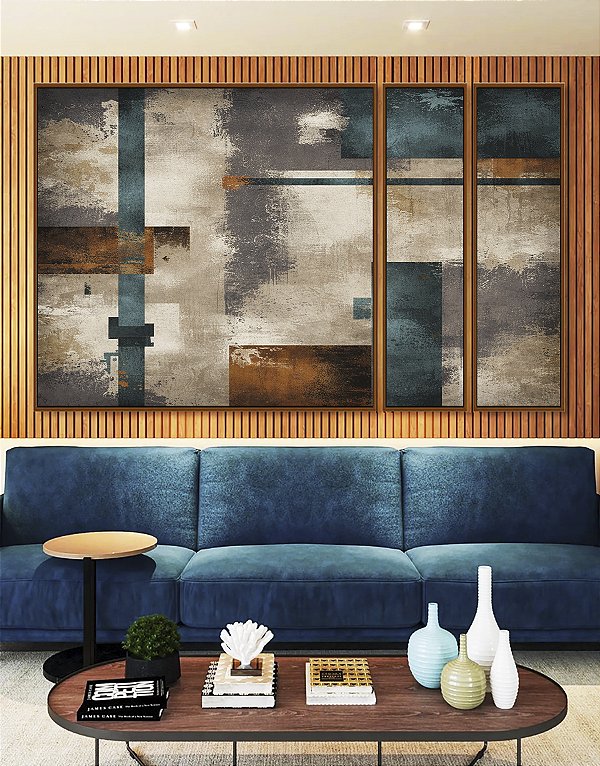 Trio de Quadros Estilizados Abstrato Azul Bronze Cinza Concreto Canvas Moldura