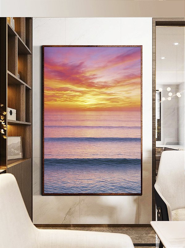 Quadro Vertical Pôr so Sol Laranja Mar Azul Ondulado Canvas Moldura