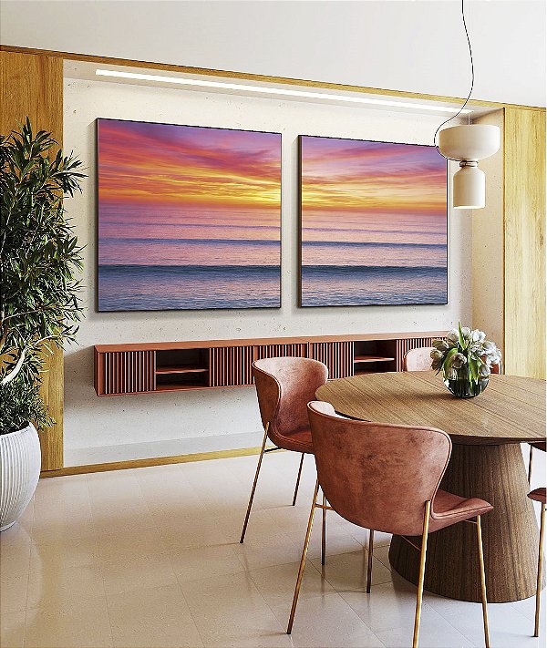 Duo de Quadros Quadrados Pôr so Sol Laranja Mar Azul Ondulado Canvas Moldura