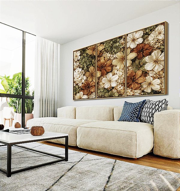 Trio de Quadros Flores Silvestres Cores Neutras Natureza Canvas Moldura