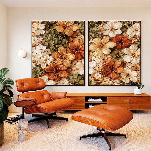 Duo de Quadros Flores Silvestres Cores Neutras Canvas Moldura