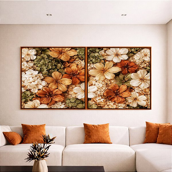 Duo de Quadros Quadrados Flores Silvestres Cores Neutras Canvas Moldura