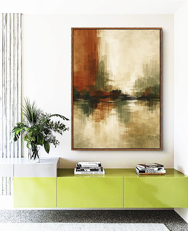 Quadro Vertical Abstrato Cobre Verde Oliva Areia Creme Canvas Moldura