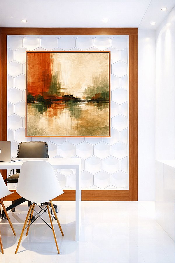 Quadro Quadrado Abstrato Cobre Verde Oliva Areia Creme Canvas Moldura