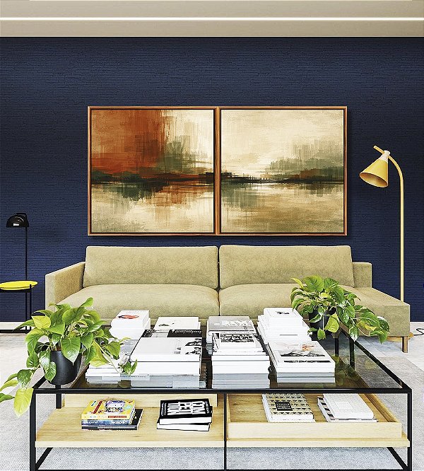 Duo de Quadros Quadrados Abstrato Cobre Verde Oliva Areia Creme Canvas Moldura