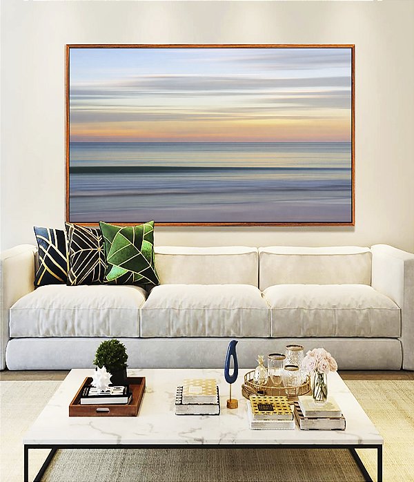 Quadro Horizontal Céu Laranja Mar Azul Prateado Movimento Canvas Moldura