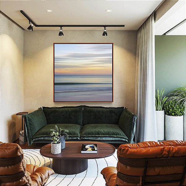 Quadro Quadrado Céu Laranja Mar Azul Prateado Movimento Canvas Moldura