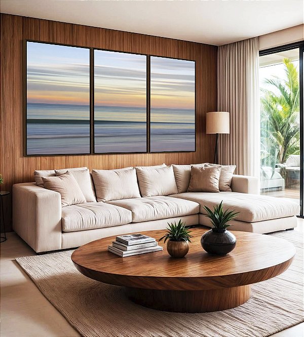 Trio de Quadros Céu Laranja Mar Azul Prateado Movimento Canvas Moldura