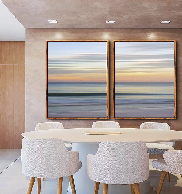 Duo de Quadros Céu Laranja Mar Azul Prateado Movimento Canvas Moldura