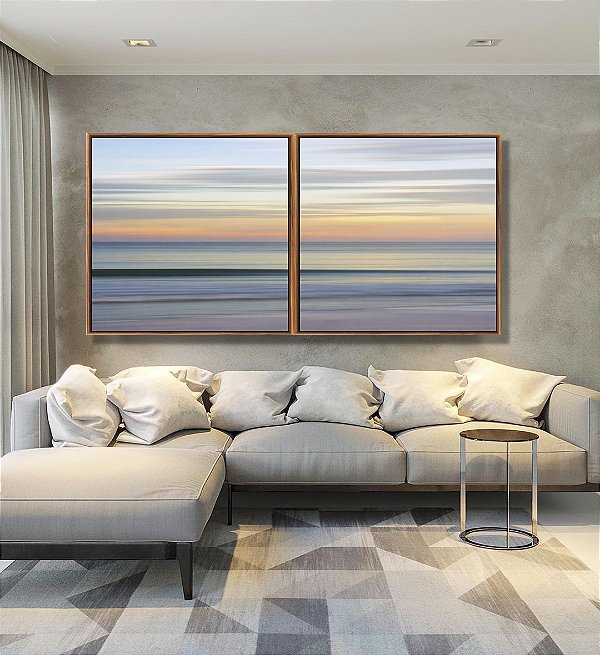 Duo de Quadros Quadrados Céu Laranja Mar Azul Prateado Movimento Canvas Moldura