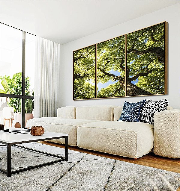 Trio de Quadros Céu Azul Árvores Verde Intenso Natureza Canvas Moldura