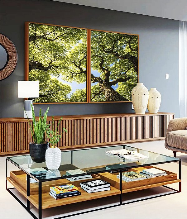 Duo de Quadros Céu Azul Árvores Verde Intenso Natureza Canvas Moldura