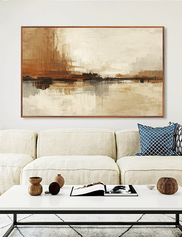 Quadro Horizontal Abstrato Marrom Cobre Creme Marfim Canvas Moldura