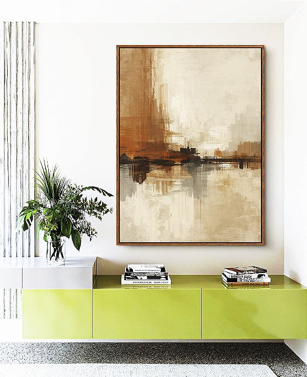 Quadro Vertical Abstrato Marrom Cobre Creme Marfim Canvas Moldura