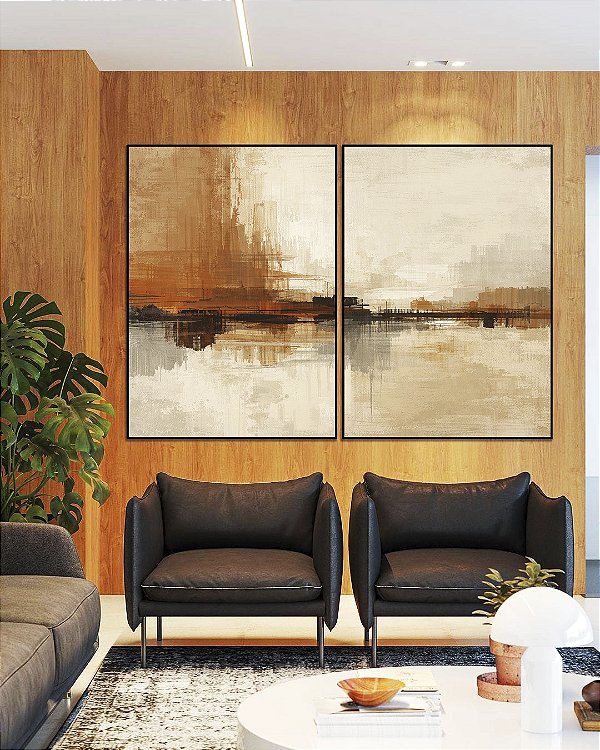 Duo de Quadros Abstrato Marrom Cobre Creme Marfim Canvas Moldura
