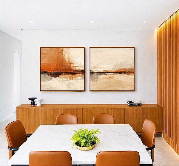 Duo de Quadros Quadrados Abstrato Marrom Cobre Creme Marfim Canvas Moldura