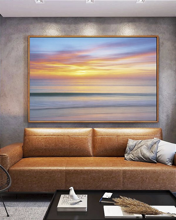Quadro Horizontal Mar Prateado Céu Laranja Azul Movimento Canvas Moldura